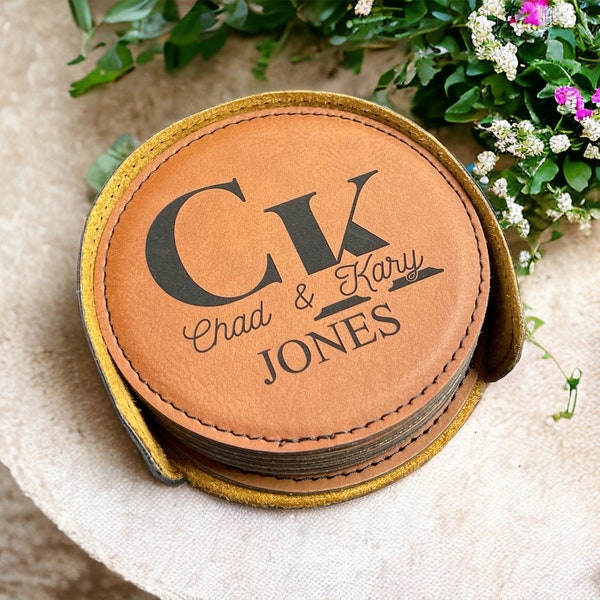 3rd Anniversary, Personalized round leather coasters set of 6 w/holder, Custom coasters, engraved coasters, housewarming gift, wedding gift