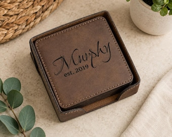 Personalized leather coasters set of 6 w/holder, Custom Coaster set Engraved coasters, Leatherette Coasters, 3rd Anniversary leather coaster