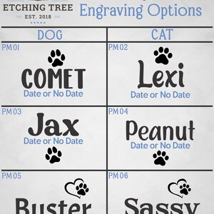 May include: A chart titled Step 1 Engraving Options from Etching Tree Est. 2018. It displays six black font styles labelled PM01 through PM06, categorised under Dog and Cat columns. Each option features a pet name, paw prints, and Date or No Date text.