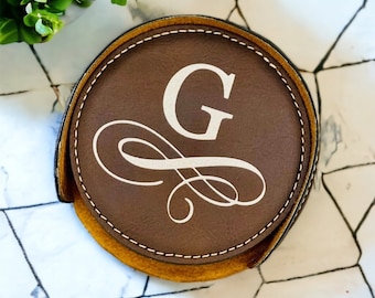 Personalized Vegan Leather Coaster Set, Custom Engraved Coasters with Holder