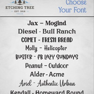 May include: A font selection chart titled Choose Your Font with the Etching Tree logo at the top. It lists nine pairs of names and font styles: Jax-Mogind, Diesel-Bull Ranch, Comet-Fresh Bread, Molly-Helicopter, Buster-FB Lazy Sundays, Peanut-Outdoor, Alder-Acme, Ariel-Authentic Urban, and Kendall-Homeward Bound.
