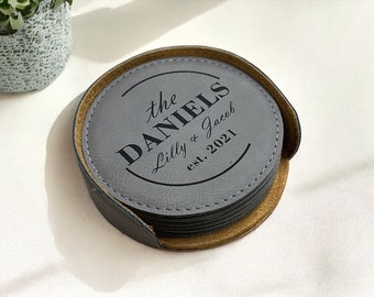 Personalized round leather coasters set of 6 w/ holder, Custom coasters, Engraved Vegan Leather Coaster, housewarming gift, 3rd Anniversary