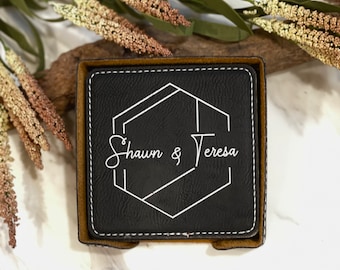 Personalized leather coasters set of 6 w/holder, Custom Engraved Coaster set, Traditional 3rd Anniversary gift, Modern 9th Anniversary gift