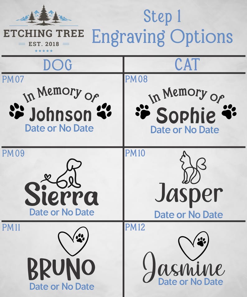 May include: A chart with engraving options for pet memorial ornaments. The chart is divided into two sections, "Dog" and "Cat". Each section has four options with a black and white illustration of a dog or cat, a name, and the text "Date or No Date".