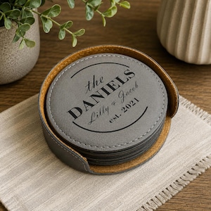 Personalized round leather coasters set of 6 w/ holder, Custom coasters, Engraved Vegan Leather Coaster, housewarming gift, 3rd Anniversary