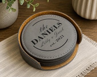 Personalized round leather coasters set of 6 w/ holder, Custom coasters, Engraved Vegan Leather Coaster, housewarming gift, 3rd Anniversary