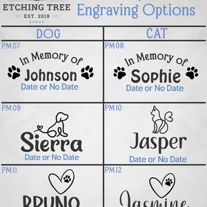 May include: A chart titled Step 1 Engraving Options from Etching Tree showing six black graphic designs for pet memorials. Options include names like Johnson, Sophie, Sierra, Jasper, Bruno, and Jasmine with paw prints, line art animals, and hearts.