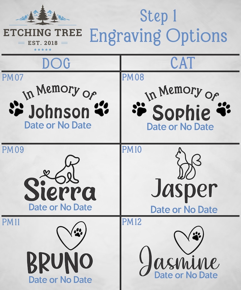 May include: A chart titled Step 1 Engraving Options from Etching Tree showing six black graphic designs for pet memorials. Options include names like Johnson, Sophie, Sierra, Jasper, Bruno, and Jasmine with paw prints, line art animals, and hearts.