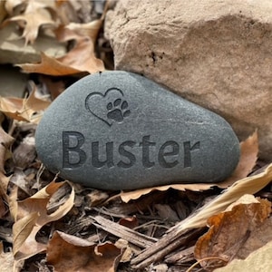 May include: A gray stone memorial with the name "Buster" engraved in a serif font. A heart and paw print design is above the name. The stone is surrounded by leaves and rocks.