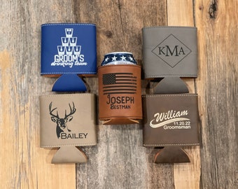 Engraved Vegan Leather Can Cooler, Personalized Groomsmen Gift, Wedding Favor
