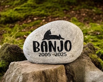 Personalized Pet Memorial Stone, Silhouette Engraved Cat Keepsake, Pet Loss Rock, Gravestone/Headstone Remembrance Gift, Tribute Beloved Pet