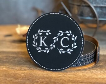 Personalized round leather coasters set of 6 w/holder, Custom coasters, engraved coasters, housewarming gift, wedding gift, 3rd Anniversary