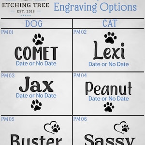 May include: A graphic showing engraving options for pet tags. The image includes the text "Etching Tree" and "Engraving Options." Names like "Comet," "Lexi," "Jax," "Peanut," "Buster," and "Sassy" are displayed with paw prints.