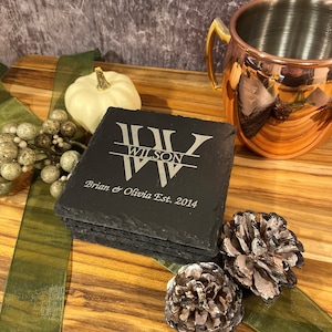 Personalized Slate Coasters set of 4, Engraved Drink Coasters, Housewarming, Anniversary, Wedding Gift Coasters, Custom Coasters
