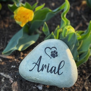 May include: A light gray, smooth river stone with the name "Arial" in black script. A black heart and paw print design is above the name. The stone is surrounded by green leaves and a yellow flower.