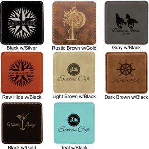 May include: Eight square coasters in various colours including black, rustic brown, grey, raw hide, light brown, dark brown, and teal. Each coaster features a unique laser-engraved logo or text, such as North Star Resort, Braeburn Stables, Scooters Cafe, The Anchor Club, and Merill's Lounge.