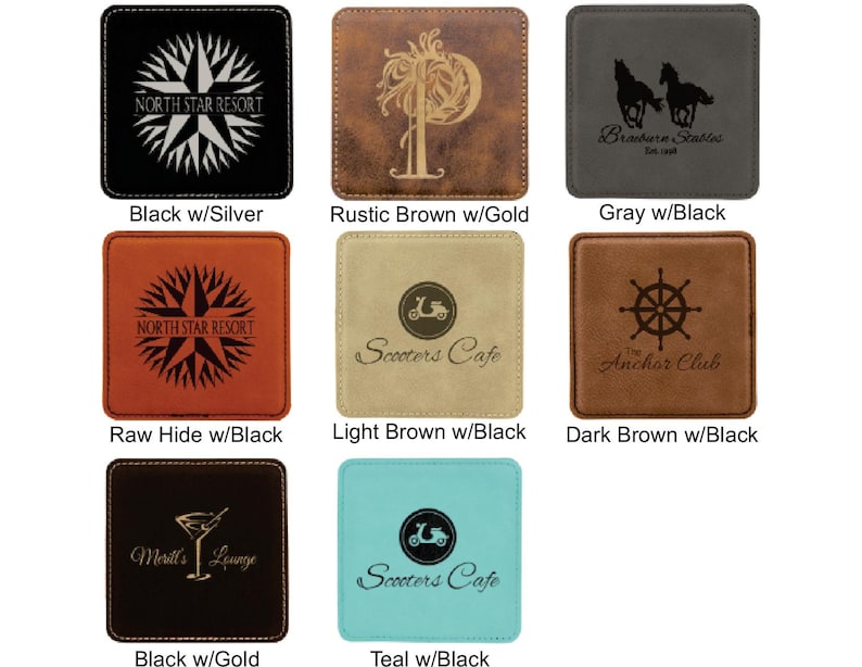 May include: Eight square coasters in various colours including black, rustic brown, grey, raw hide, light brown, dark brown, and teal. Each coaster features a unique laser-engraved logo or text, such as North Star Resort, Braeburn Stables, Scooters Cafe, The Anchor Club, and Merill's Lounge.