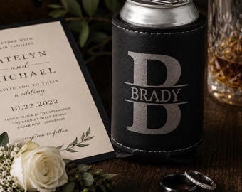 Engraved Vegan Leather Can Cooler, Personalized Groomsmen Gift, Wedding Favor
