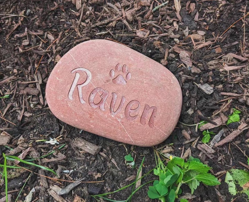 May include: A smooth, oval-shaped reddish-brown stone featuring the engraved name Raven in a cursive font, accompanied by a small paw print icon etched into the surface. The stone has a natural texture and is positioned on a dark soil surface.