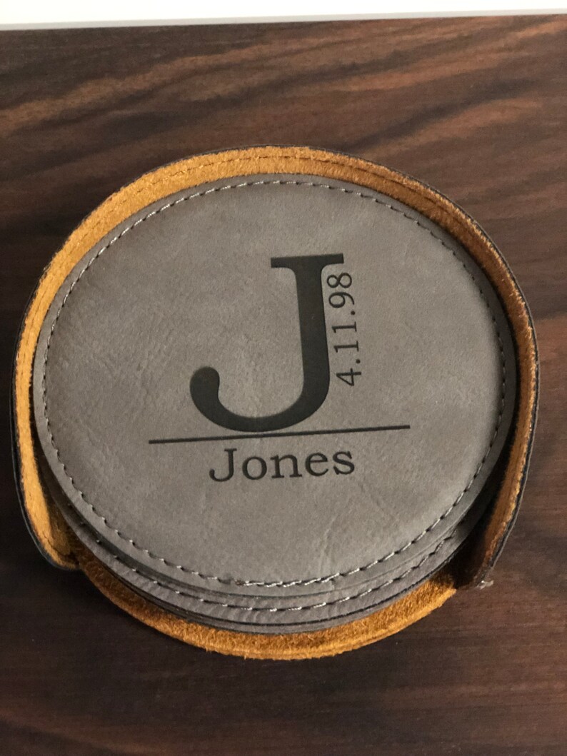 Personalized round leather coasters set of 6 w/holder Custom Etsy