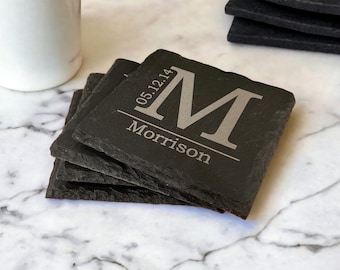 Personalized Slate Coasters: Engraved Monogram Drink Coasters, Set of 4
