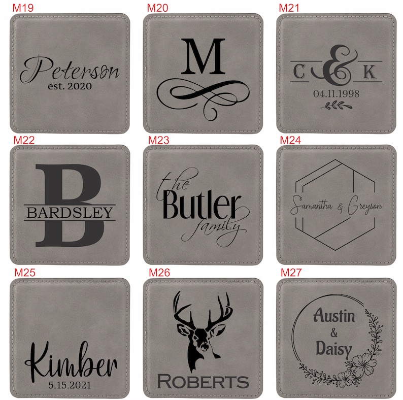 May include: A set of nine square grey coasters featuring various laser-engraved designs including names like Peterson, Bardsley, Butler, Kimber, Roberts, Austin, and Daisy, along with dates, monograms, a deer head, and floral wreath motifs.