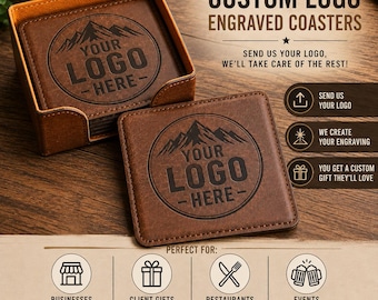 Custom Logo Engraved Leatherette Coasters | Personalized Business Coasters | Custom Bar Coasters | Logo Gift | Company Branded Coasters