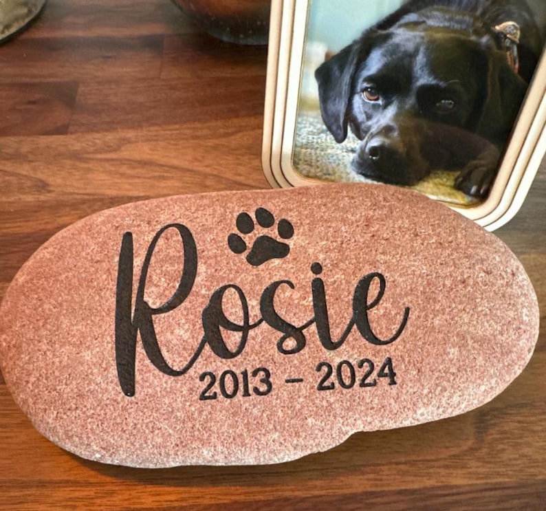 May include: A smooth, oval-shaped reddish-brown memorial stone featuring the engraved name Rosie in a cursive script, a small paw print icon above the name, and the years 2013 - 2024 engraved in a clean, sans-serif font below the name.