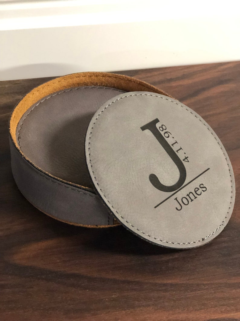 Personalized round leather coasters set of 6 w/holder Custom Etsy
