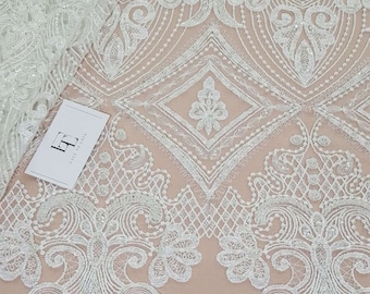 Cream lace fabric with pearls, white geometric wedding lace, embroidered wedding dress lace, ivory lace fabric by the meter EVS183SB