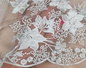 Cream 3D lace fabric with pearls, white 3D wedding lace, embroidered wedding dress lace, ivory lace fabric by the meter EVS184BF