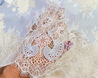 White with Blue Lace Fabric, French Chantilly Wedding Lace, Bridal Dress Lace Fabric by the Meter, LL77705