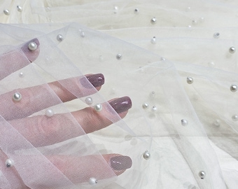 White tulle fabric with pearls, tulle by the meter, TK9518
