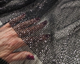 Tissu tulle plissé noir, brodé de sequins, largeur 160 cm, vendu au mètre, KEL1008