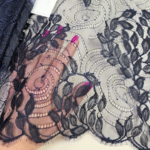 Black with blue yarn Chantilly eyelash bridal lace fabric by the meter, LN6801