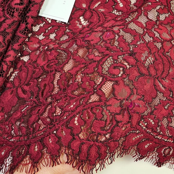 Burgundy lace fabric for dance dress, heavy burgundy guipure lace fabrics by the meter, L880082