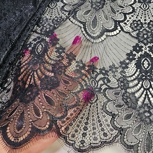 Black shiny lace with glitter, French Chantilly lace fabric by the meter, LL32908
