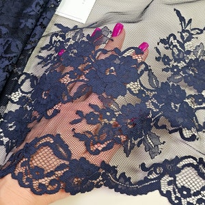 Dark blue on black tulle Chantilly eyelash bridal lace fabric by the meter, LL86004