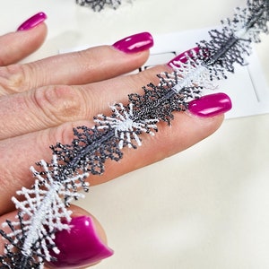 Black and white shiny lace trim by the meter, Christmas snowflake decoration ribbon, haberdashery lace trim, LL7471