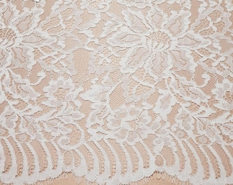 Ivory lace fabric, white French lace, cream Chantilly wedding lace, bridal lace fabric by the meter LL89604