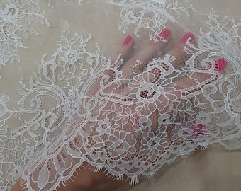 Ivory lace fabric, white French lace, cream Chantilly wedding lace, bridal lace fabric by the meter EVS83325