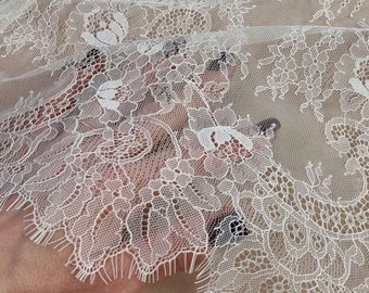 Ivory lace fabric, white French Chantilly wedding lace, bridal dress lace fabric by the meter LK6008