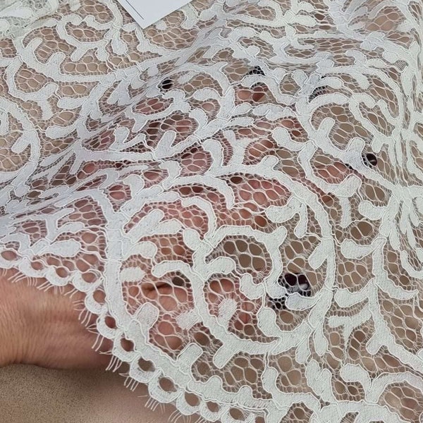 Ivory lace fabric, White French macrame lace, Cream wedding lace, Bridal dress lace fabric by the meter L66622