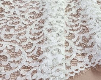 Ivory lace fabric, white French macrame lace, cream wedding lace, bridal lace fabric by the meter L66622