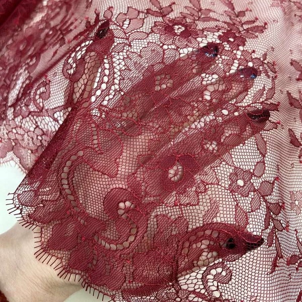 Burgundy lace trim, wine red French lace fabric sold by the meter, L20187