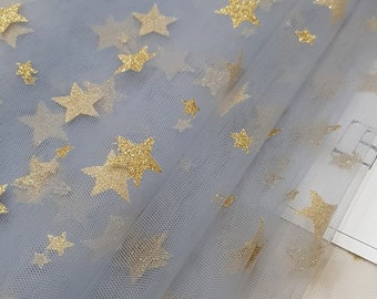 Blue tulle fabric with golden stars, light blue fabric with golden star pattern, fabric by the meter, TK9541