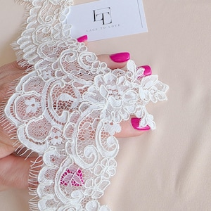 Pizzo Chantilly bianco crema con cordoncino, pizzo francese avorio chiaro, pizzo da sposa, WDL6018_1