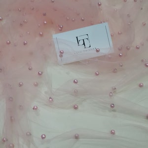 Pink tulle fabric with pearls, light pink tulle fabric by the meter, TK9544