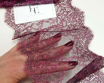 Brown with purple yarn lace trim, purple Chantilly lace ribbon, lace by the meter, L7884