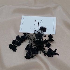 Apliques de renda preta bordados com pérolas, M0074
